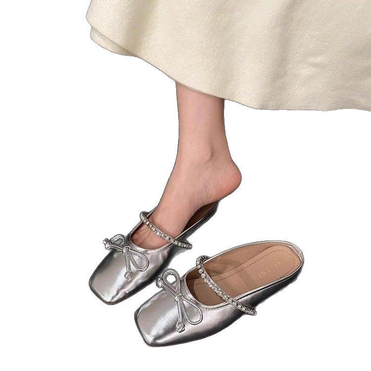 Flat Bottom Silver Gentle Bag Head Half Slippers Outer Wear New Spring and Summer Bow Single Shoes Mary Jane Shoes