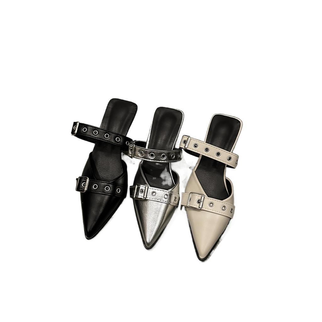 Fashion Punk Goth Metal Buckle High Heels Women's Sandals Summer 2024 Pointed Toe Silver Party Shoes Fashion Womens Pumps Shoes