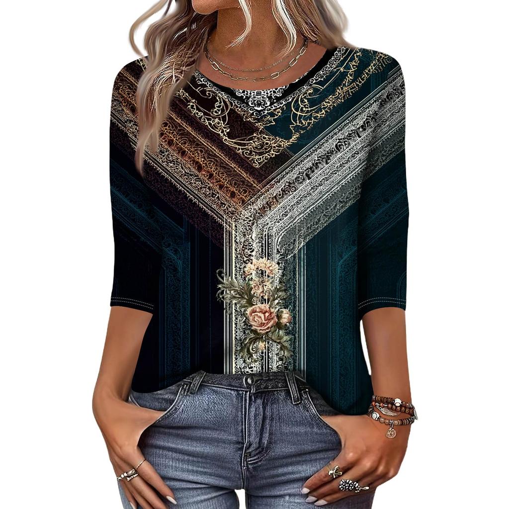 Módní vintage top s 3/4 rukávem pro ženy, dámská ležérní halenka s tříčtvrtečním rukávem a kulatým výstřihem s potiskem