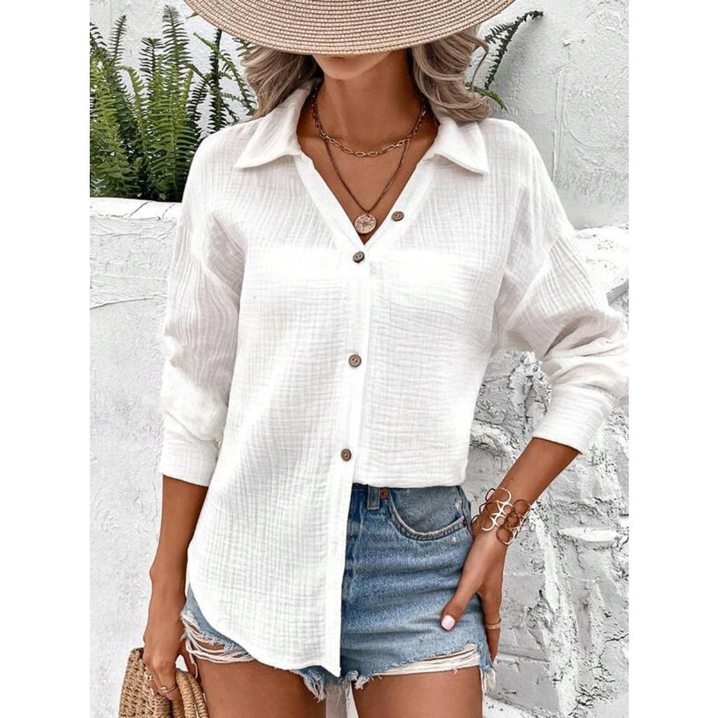 Women's Collared Long Sleeve Cotton Gauze Regular Fit Casual Button Down Shirt Blouse