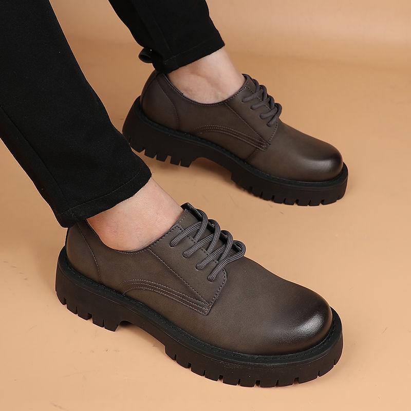Men's Korean Fashion Casual Leather Lace-up Round Toe Shoes with Thick Sole - Business and Retro Style