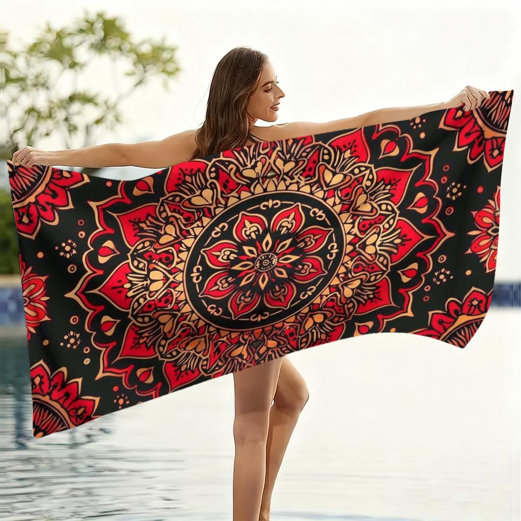 Bunt gemustertes Schwarz-Rot Mandala Strandtuch Groß Schnelltrocknendes Handtuch Geeignet für Strand Pool Yoga Handtuch Sommergeschenk für Freunde