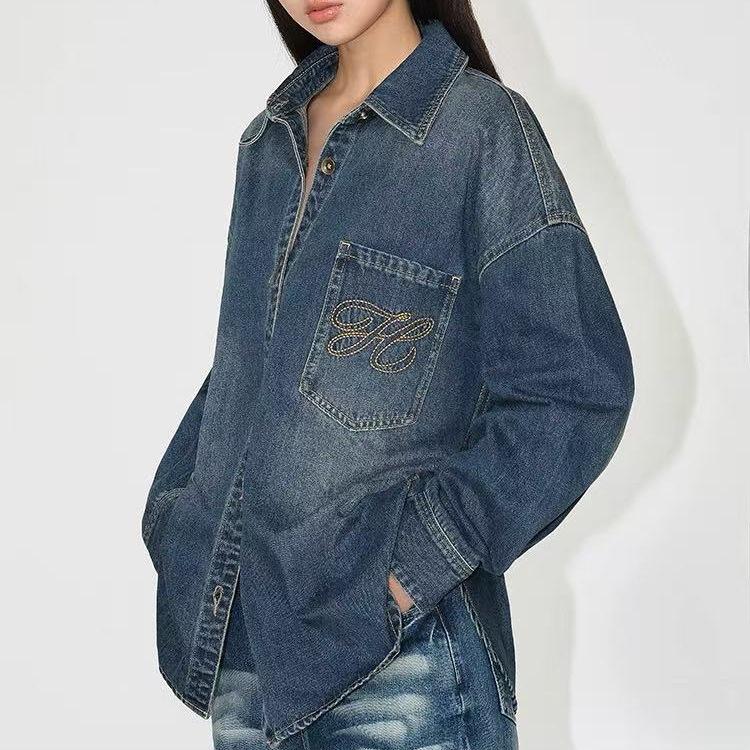 Retro denim shirt women's loose long-sleeved shirt jacket embroidered design sense niche casual top