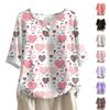 Damen Lässiges Mittellanges Rundhals-Oberteil mit Valentinstags-Print, Baumwoll-Leinen-Mischung