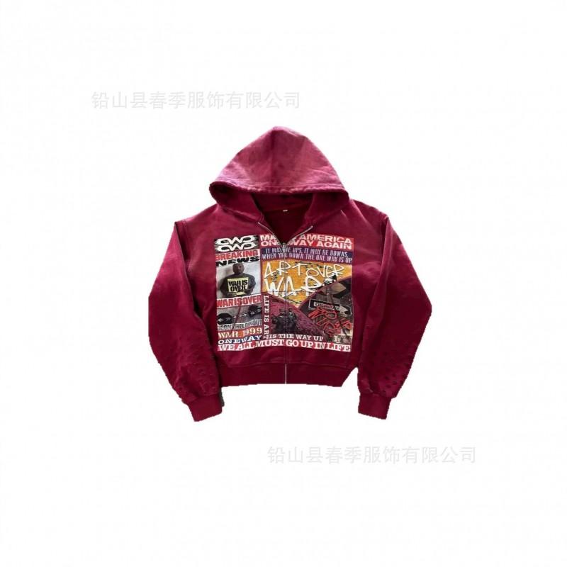 2026 Retro Print Zip-Up Hoodie Unisex Streetwear Oversized Casual Sweatshirt Teens Adults