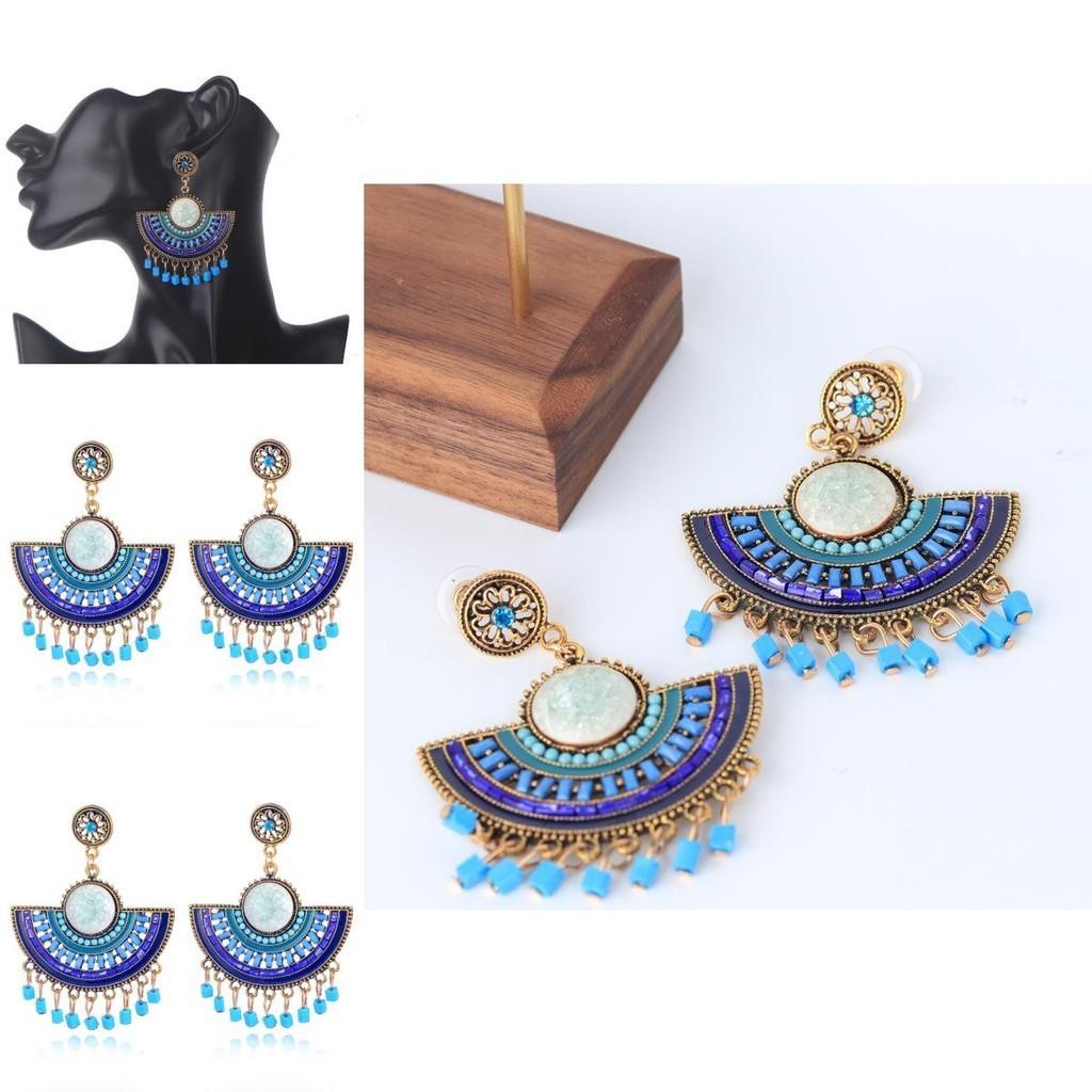 Trendy Geometric Fan Tassel Beaded Earrings For Women In Blue With Alloy Material