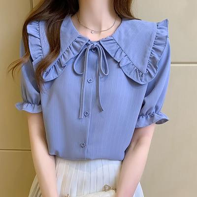 Moda feminina casual verão primavera cor sólida estampa manga curta polo pescoço blusas e camisas