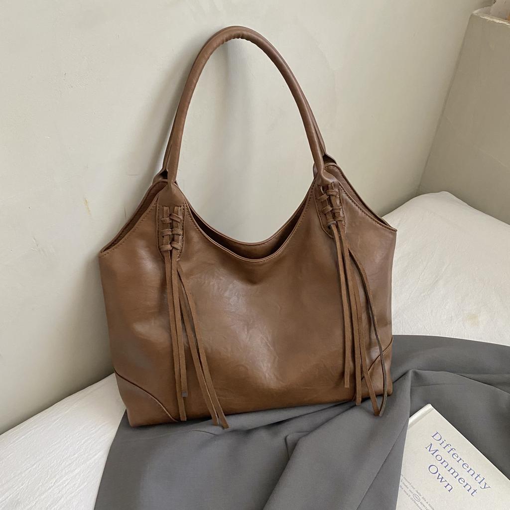 Retro Large Capacity Shoulder Bag for Women Korean Style Traveling Zipper PU Tote Bags Autumn New Solid Color Student Handbags