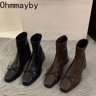 Bottines Femme Bout Carré Talon Épais Mode Nœud Papillon Automne Hiver Femmes Mordern Courtes Botines De Mujer