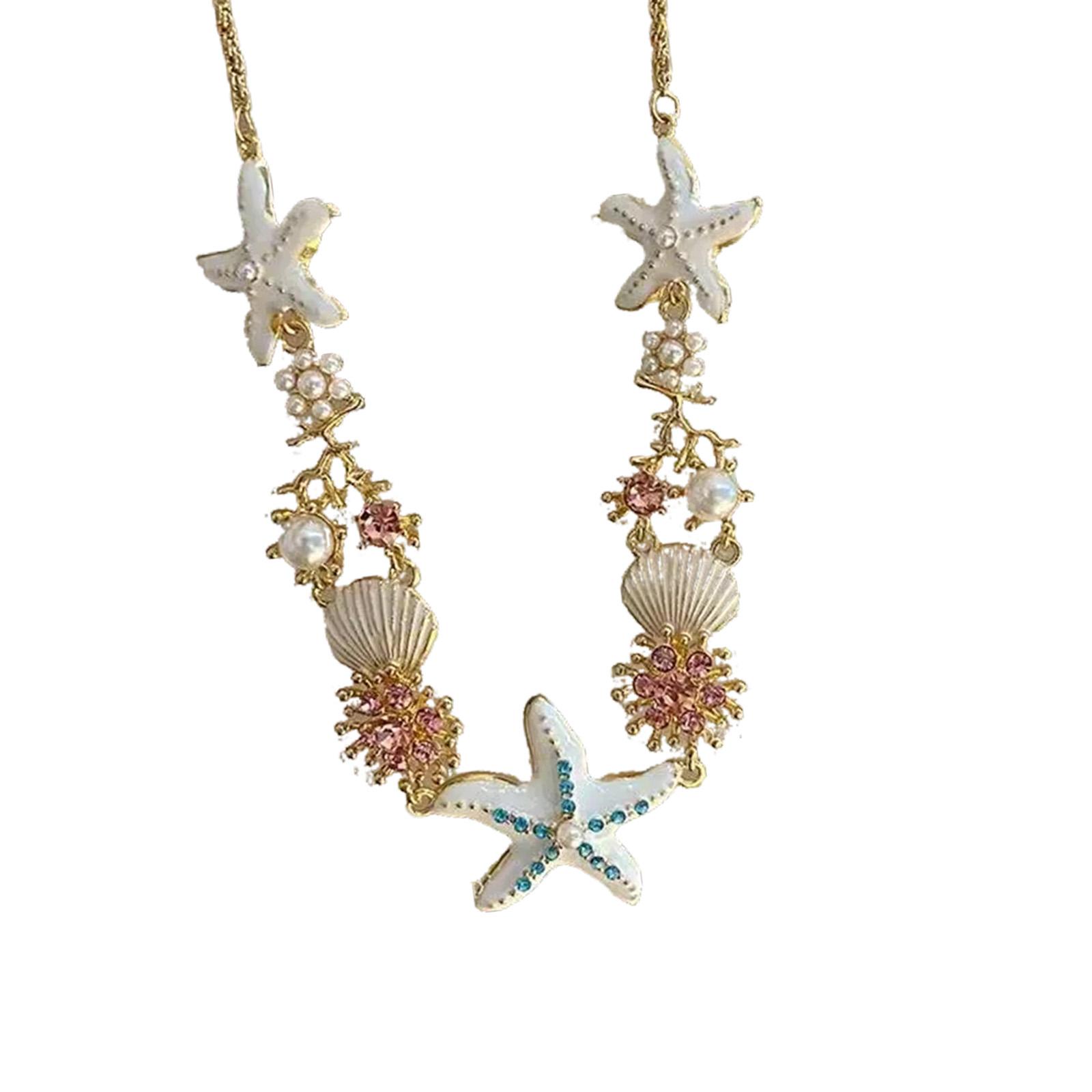 

Модные морские украшения, ожерелье с подвеской в виде морской звезды, браслет из ракушек и жемчуга, текстура сплава, подходит для женщин, пляжные наряды A белый