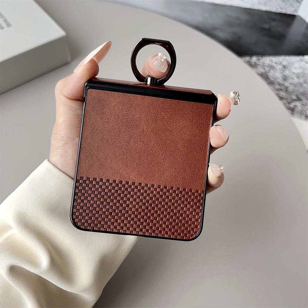 Leather Ring Holder Phone Case for Samsung Galaxy Z Flip 3 4 5 6 7 5G ZFlip7 FE ZFlip6 Hinge Protective Shockproof Cover