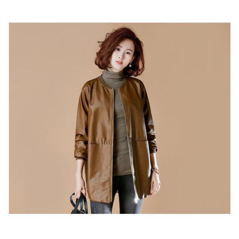 Damen S Mittellange Lockere Baseball-Stil PU-Leder Jacke Mantel