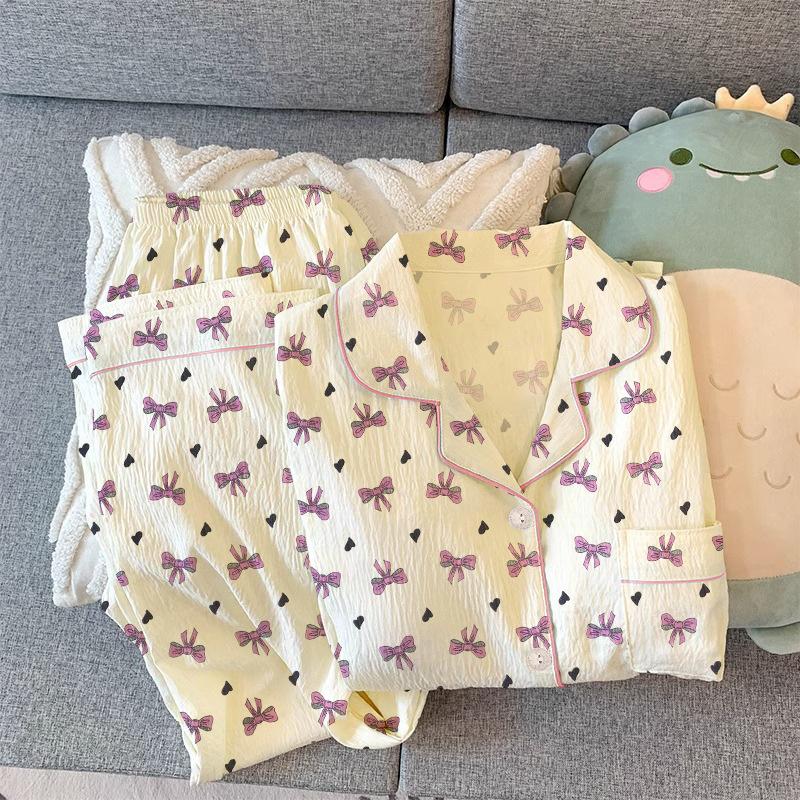 Girl Sweet Long-Sleeved Pajamas Women'S Spring Bow Trousers Lazy Loungewear Can Be Worn Outside Set