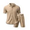 Summer Linen Suit Men's Striped Jacquard Loose Short Sleeve Shirt Beach Shorts Two-piece Set