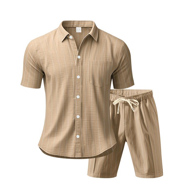 Summer Linen Suit Men's Striped Jacquard Loose Short Sleeve Shirt Beach Shorts Two-piece Set