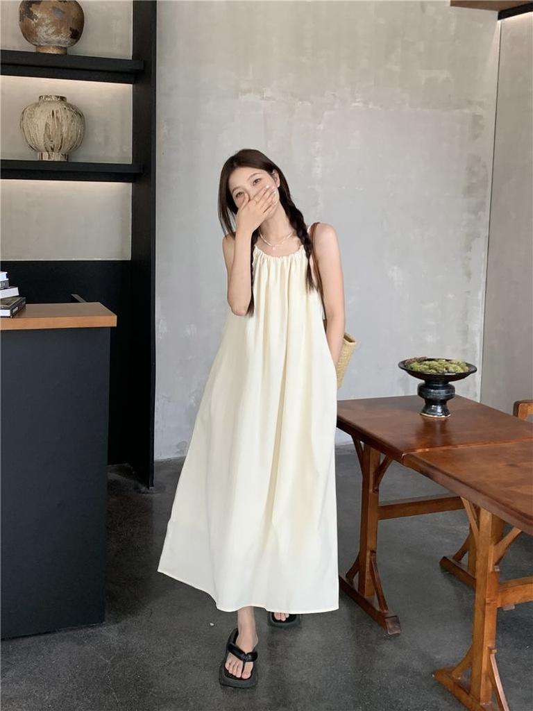 Holiday Style Neck Sling Dress Women's Summer New Retro Loose Outer Wear A Word Big Pendulum Long Skirt Tide