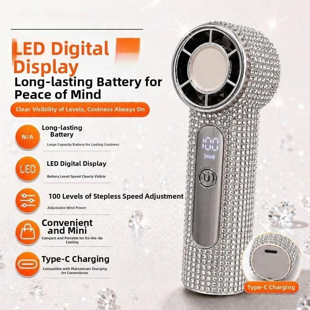 Sparkling Mini Cooling Fan Long-Lasting Portable Hand Fan Rhinestone Handheld Fan Travel Use
