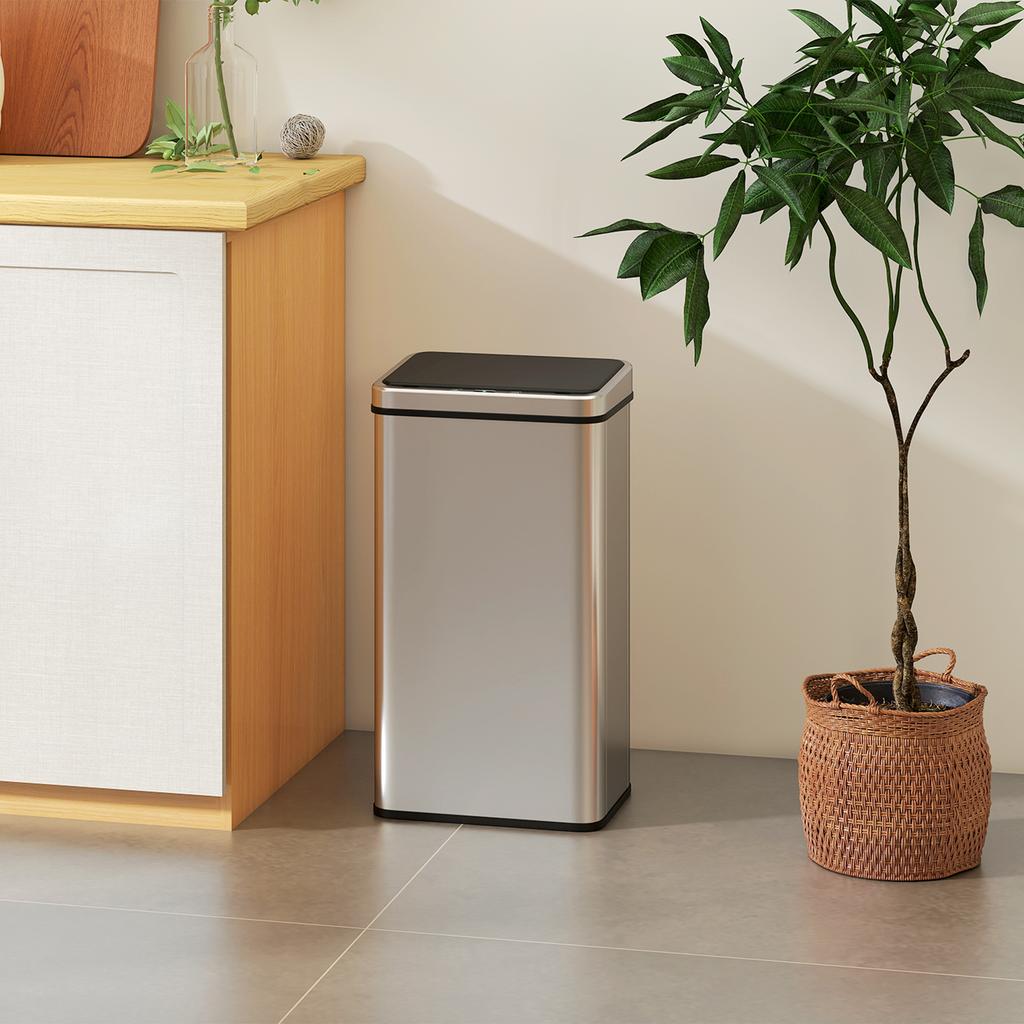 Sensor Trash Can 50L Stainless Steel Automatic Trash Can with Soft-Close Lid Motion Sensor 35.5 X 26 X 67 Cm Silver