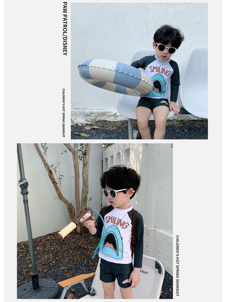 2024 Kinder Feiertags Langarm Baby Hai Sonnenanzug mit Shorts - Jungen UV-Schutz Strand Bademode