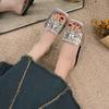 Flat Bottom High-end Sandals Outside Women's Shoes, New Summer French Fairy Rhinestone Square Buckle One-word Slippers