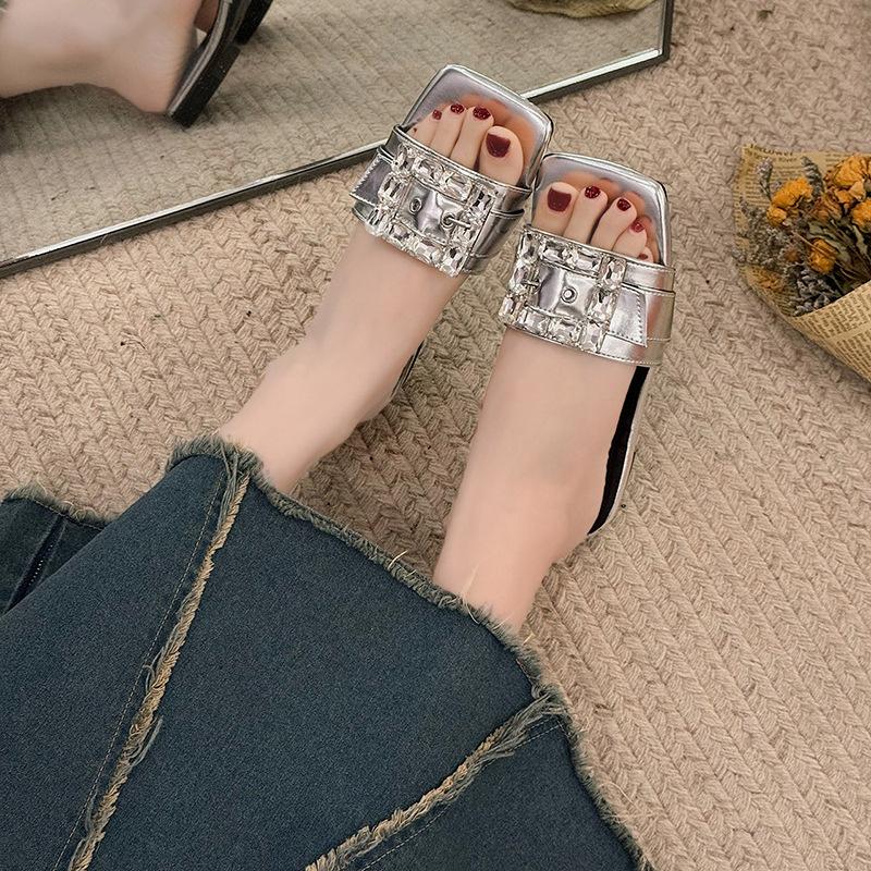 Flat Bottom High-end Sandals Outside Women's Shoes, New Summer French Fairy Rhinestone Square Buckle One-word Slippers