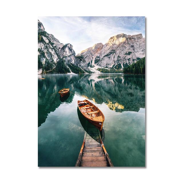 Scandinavian Natural Landscape Wall Art Poster Mountain Lake Boat Print Oil Painting Modern