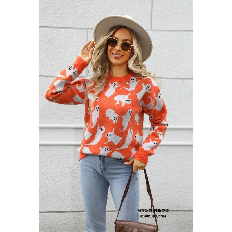 Women Pullover Halloween Sweaters Ghost Print Jumpers Long Sleeves O Neck Loose Slight Strech Casual Office Lady 2025 Autumn