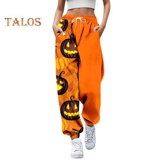 Damen Jogginghose, elastische hohe Taille, verstellbarer Kordelzug, Joggerhose mit Halloween-Kürbis-Print, Fitnesshose