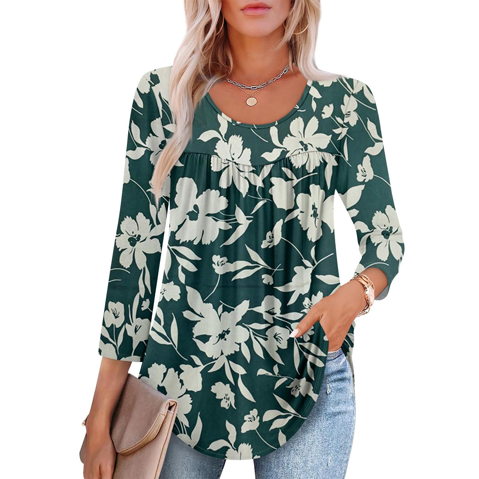 

Women s Fashion Seven Sleeve Top Round Neck Pleated Casual Printed Top S
