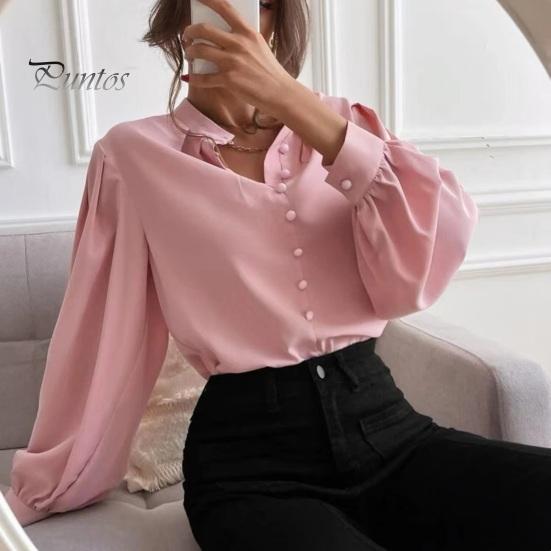 Women Shirt Stand Collar Lantern Long Sleeve Single Breasted Shirt Tops Solid Color Loose Fit Casual Shirt
