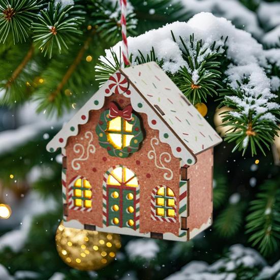 Christmas Gingerbread House Ornament Wooden Light Up Village House Christmas Tree Hanging Ornaments