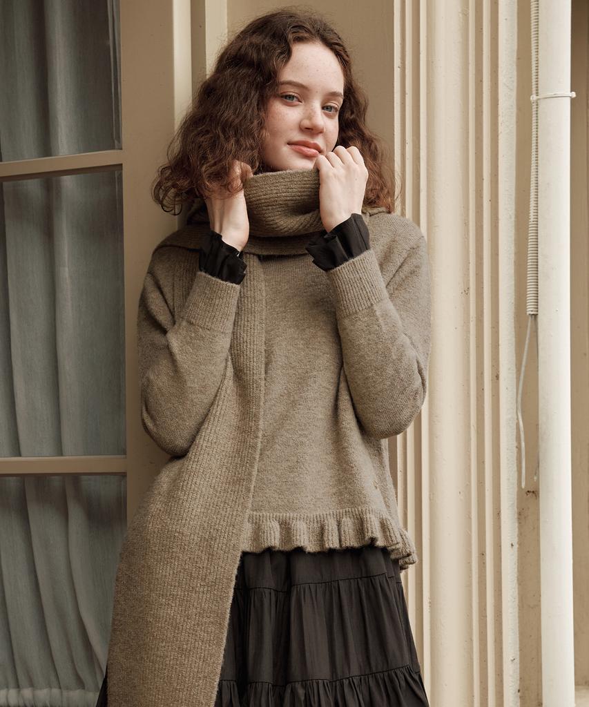 ZEROSTREET [2 Colors] Frill Sweater & Hooded Scarf Set
