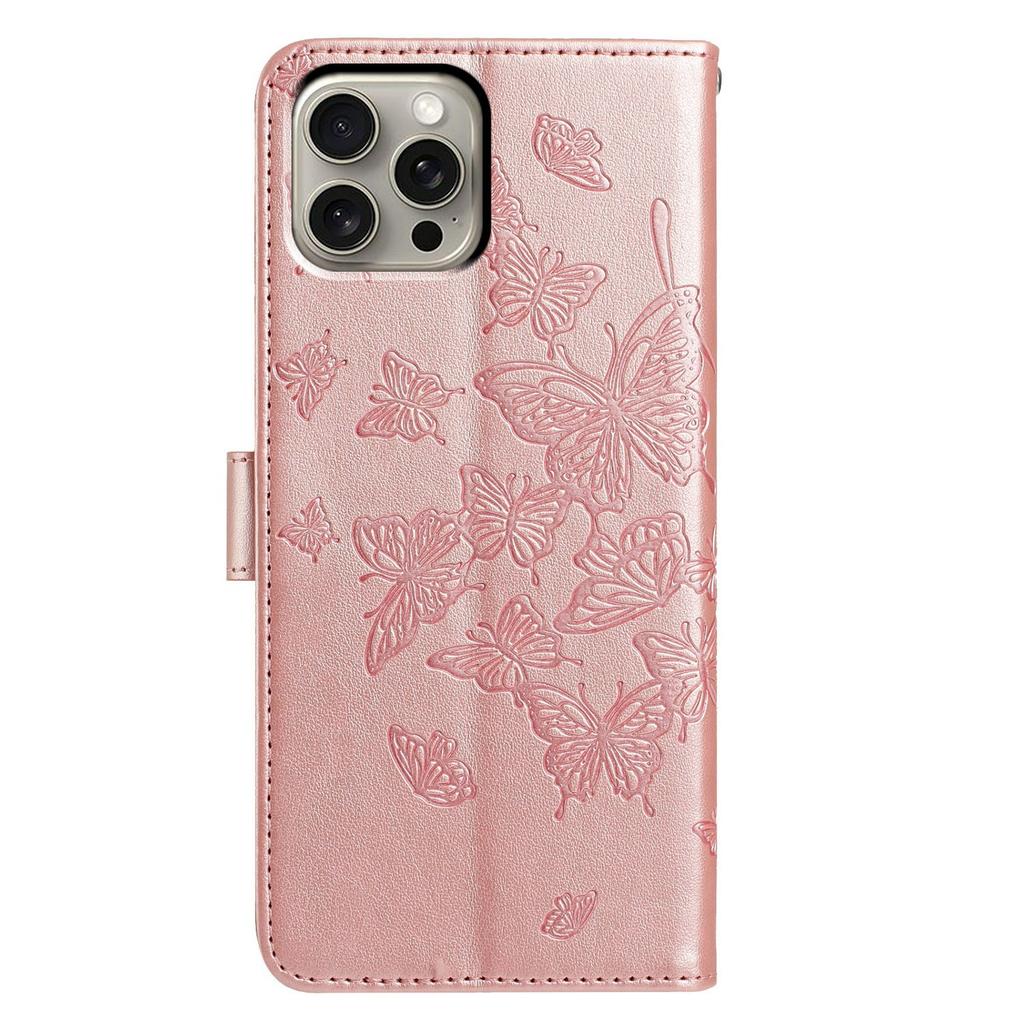 For iPhone 16 Pro Max Case Butterfly Imprinted Wallet Stand PU Leather Flip Phone Cover with Strap