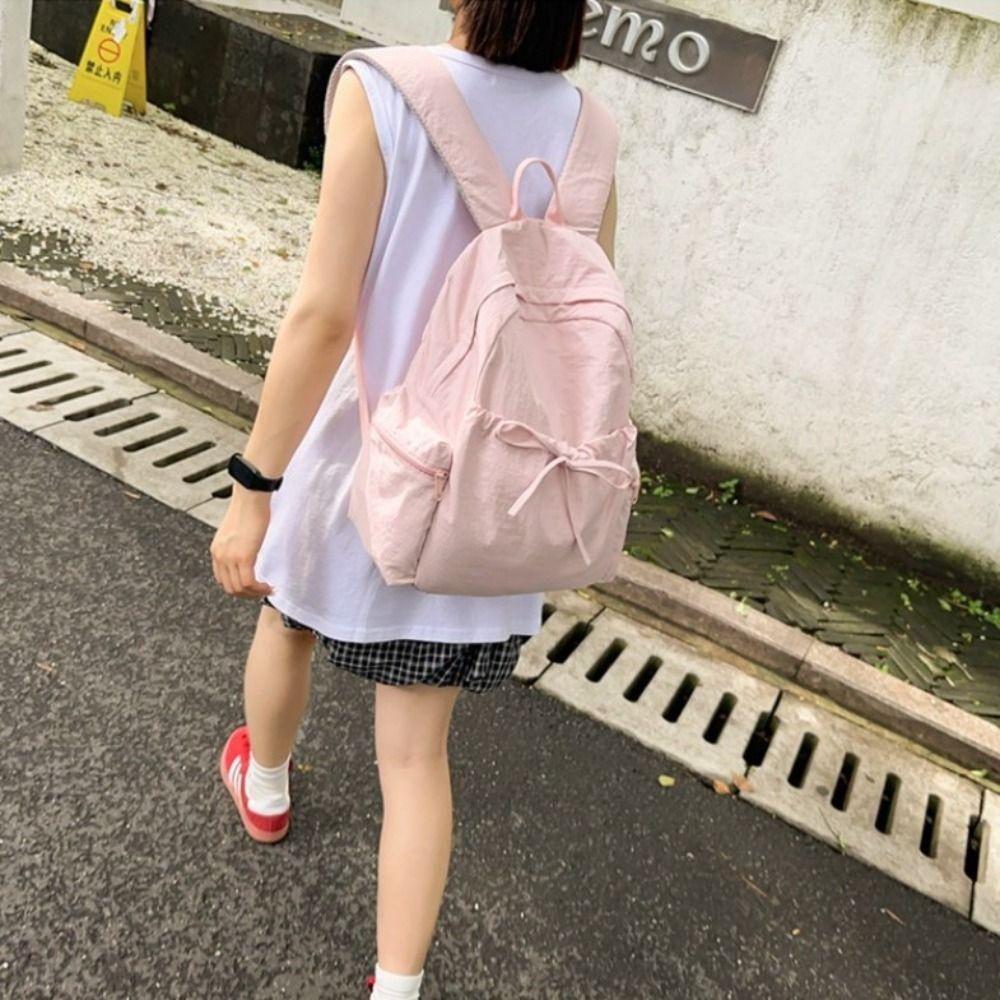 Sweet Nylon Lightweight Backpack Solid Color Travel Shoulders Bag Bow Wrinkle Backpack Women