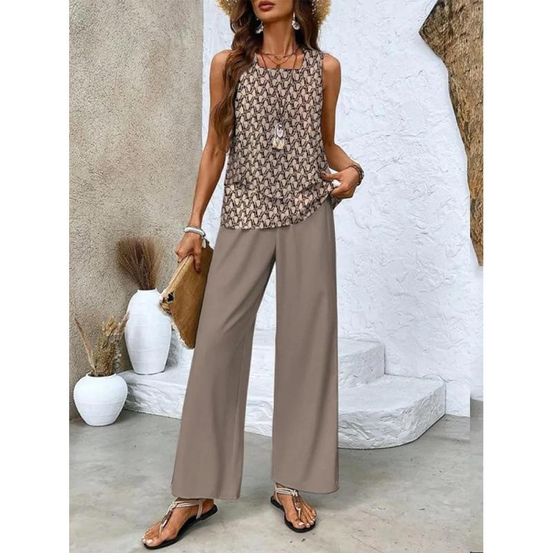 Women's Loose Fit Two Piece Outfit Sleeveless Tank Top High Waist Wide Leg Pants Set With 3D Abstract Print For Casual Summer Daily Wear