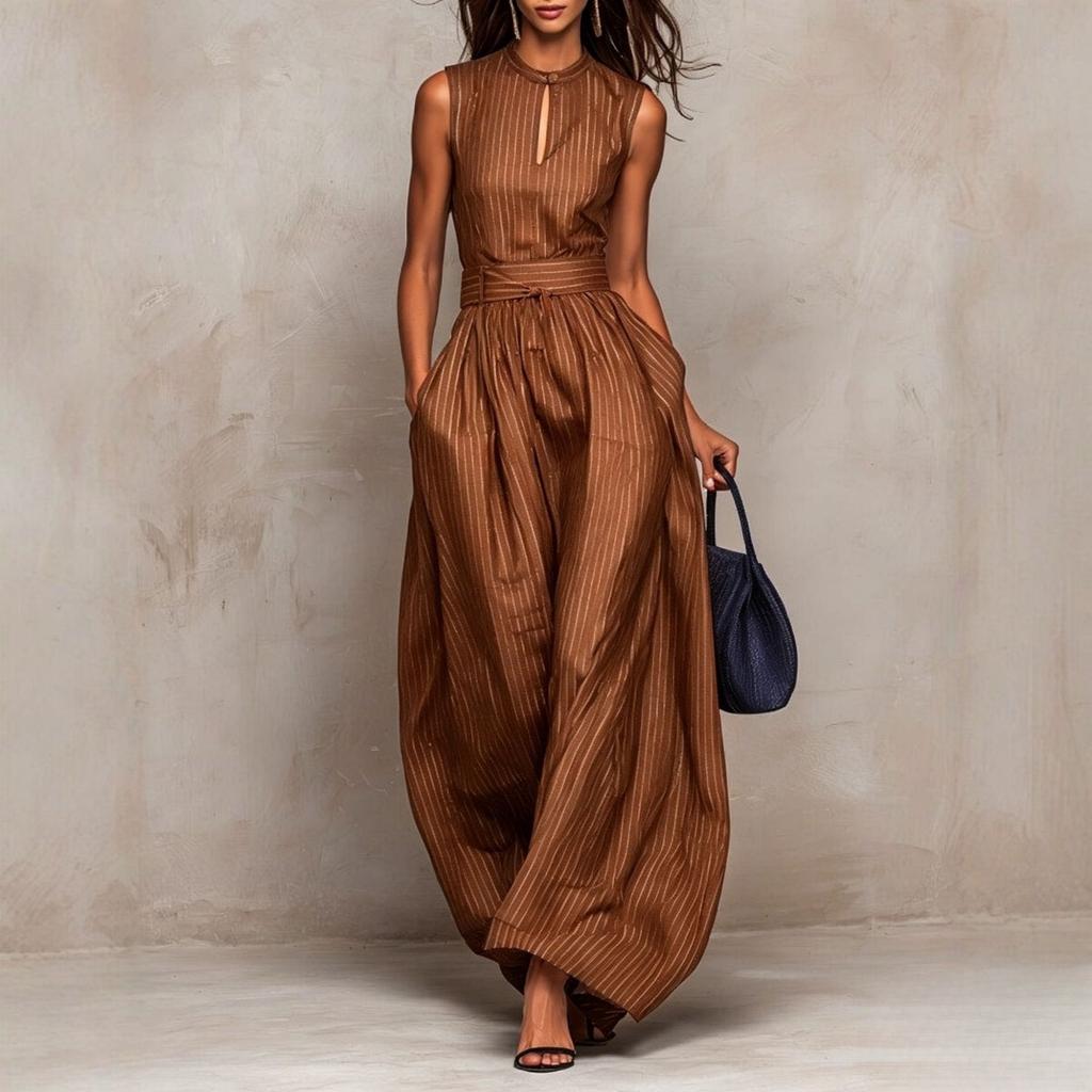 European and American style 2026 new dark blue striped sleeveless waist wide-leg jumpsuit women's long temperament fashionable cross-border women