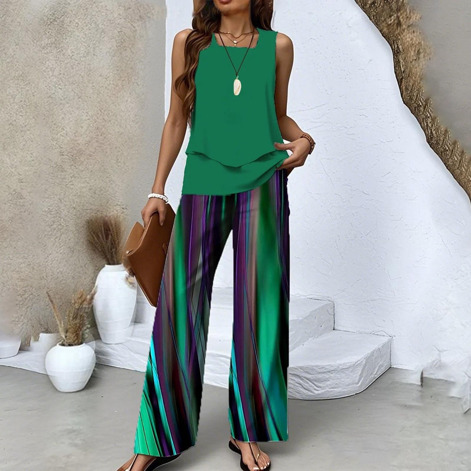 Женский летний свободный двухслойный жилет без рукавов, повседневные брюки, комплект для отпуска S темно-зеленого
