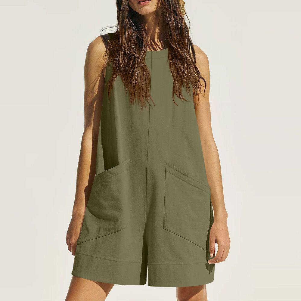 Women European American Style Sleeveless Big Pocket Casual Loose Suspender Cropped Jumpsuit