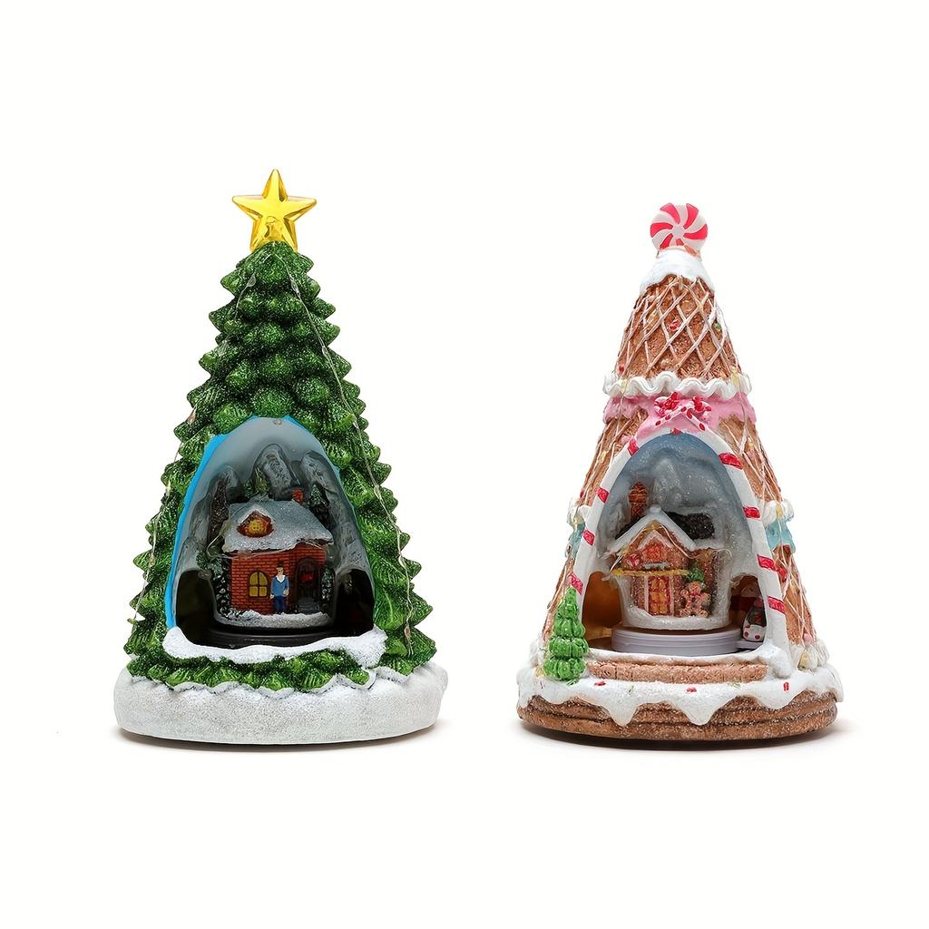 1pc Resin Music Cottage Rotating Train LED Music Box Night Light Christmas Ornament Holiday Gift Decorations