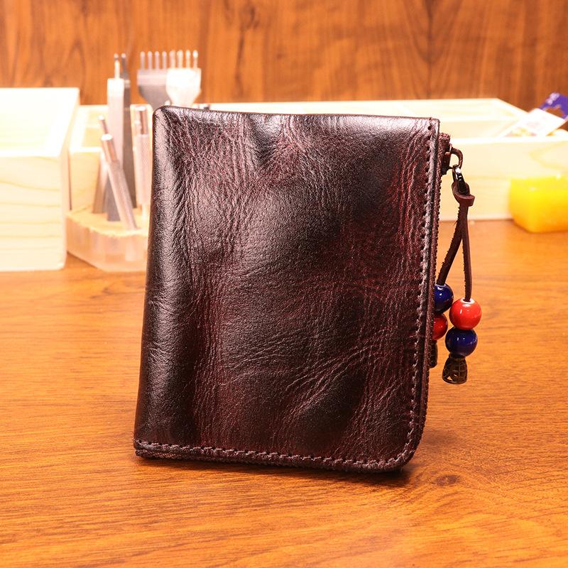 Head Layer Cowhide Wallet for Men, Vintage Vintage Vintage Tanned Leather Wallet for Women, Minimalist Japanese Zipper Wallet