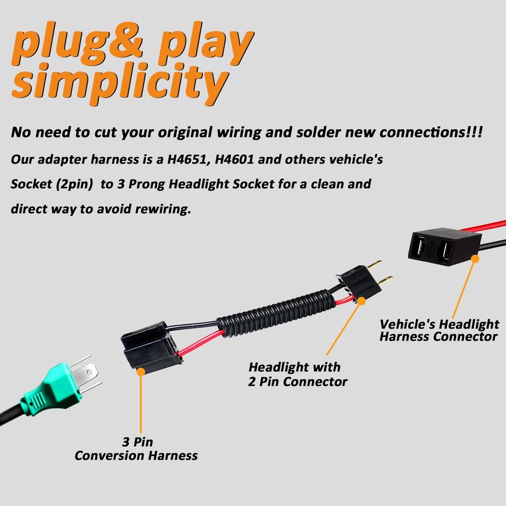3 Prong to 2 Prong Wiring Harness Headlight Adapter, 2 Pack Female to Male, H4651, H4601, Chevrolet Chevelle, Impala, El Caminos