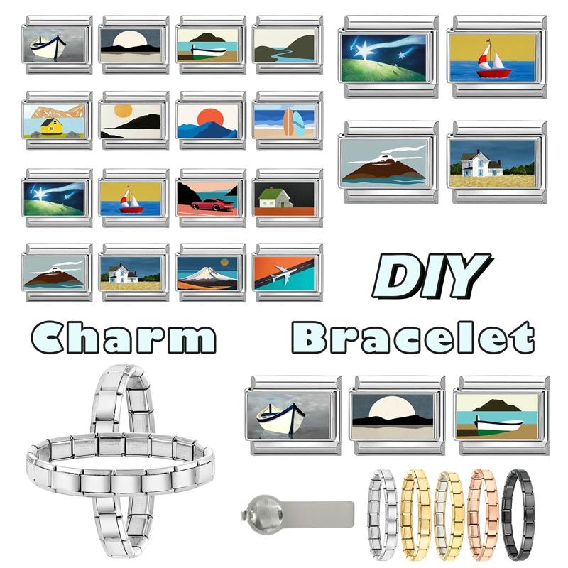 Wholesale Natural Scenery Series Sunrise Boat Car Italian Charm Links Fit 9mm Stainless Steel Bracelet DIY Making Jewelry Gifts