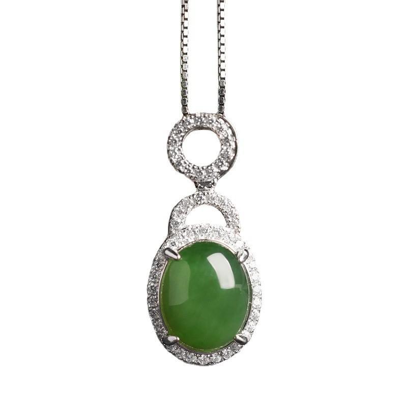Vintage 925 Silver Hetian Jasper Cabochon Pendant Necklace with Certified Natural Green Jade