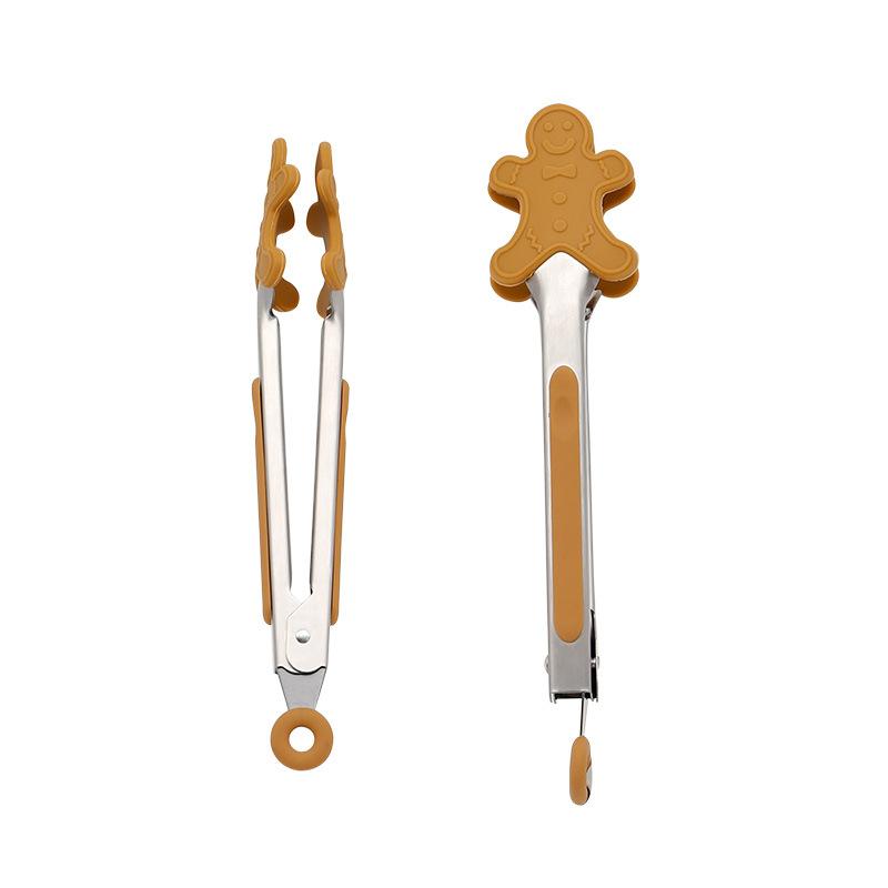 Christmas Food Tongs 6 Pcs Grip Serving Gingerbread Man Tree Nonstick Tip Reusable Bacon Silicone Tongs Meat Server