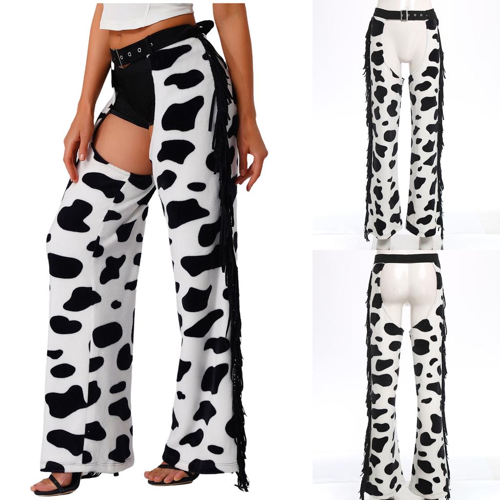 Kostium Cosplay na Halloween Czapsy Kowbojskie Damskie - Flanelowe Długie Spodnie we Wzór Łatek Krowich z Bocznym Frędzlem, Regulowany Pas i Otwarty Krok