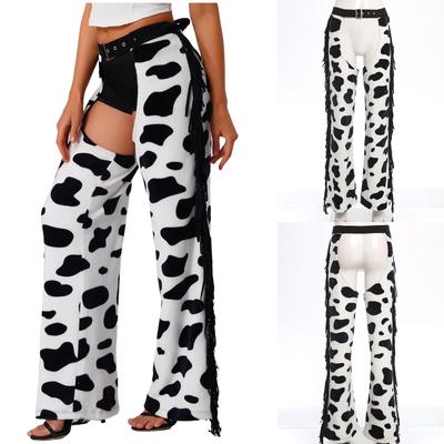 Halloween Cosplay Costume Cowgirl Chaps Womens - Cow Spot Pattern Flannel Long Pants with Side Tassel, Adjustable Waist & Open Crotch