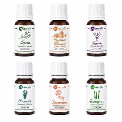 Naturalis 15ml Essential Oil Gift Pack of 6 for Hair Care (Jojoba, Cedarwood, Lavender, Rosemary, Geranium, Lemongrass)