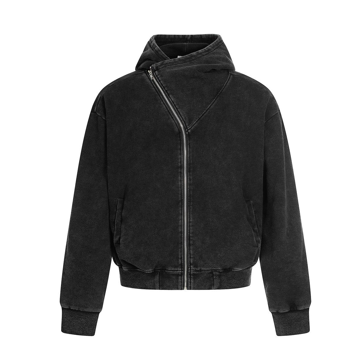 Trendy brand autumn new American retro washed hoodie jacket zipper design hooded sweater M чёрный