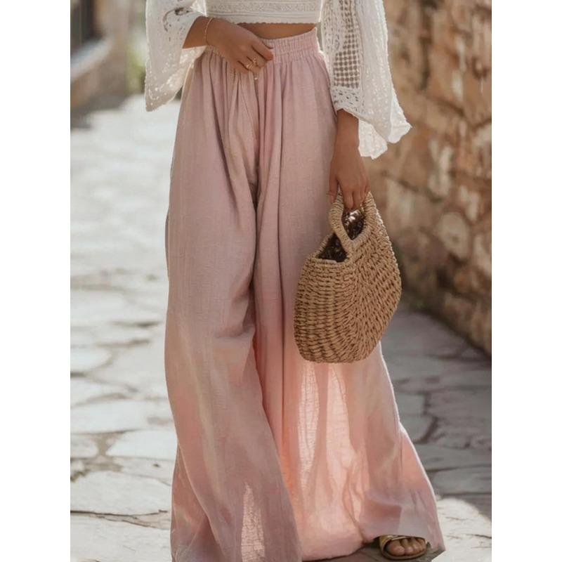 Womens Casual Solid Color Elastic Waist Wide Leg Pants