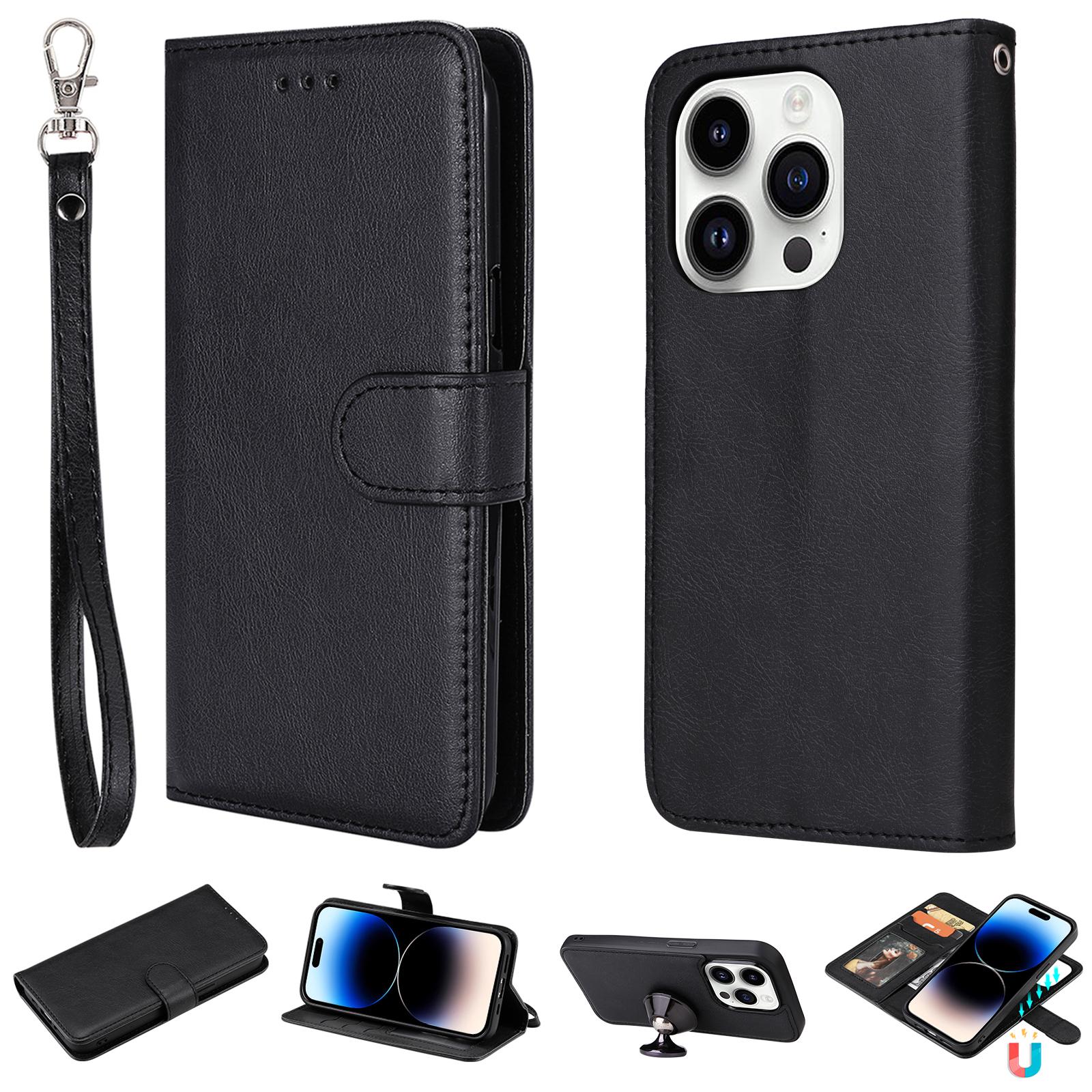 

Чехол для iPhone 15 Pro 2 в 1 Съемный Магнитный Кожаный Кошелек Мобильная Обложка с Ремешком Black